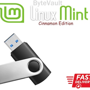 May include: A black and silver USB flash drive with a blue connector. The drive is labelled "Linux Mint Cinnamon Edition" and features the Linux Mint logo. The text "ByteVault" is also visible in the image.