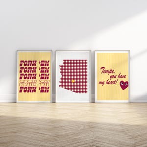Impresiones digitales de la Universidad Estatal de Arizona / Impresiones de ASU / Pósters universitarios de estilo preppy / Pósters de ASU / Rojo y amarillo / Juego de 3 / Descarga instantánea