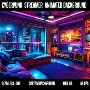 Animated Background Cyberpunk Streamer Living Room with Video Screens | Neon Cityscape | Perfect loop for OBS, Twitch, Zoom & other Streams