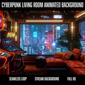 Animated Background Cyberpunk Living Room with Arcade Games | Futuristic Neon Cityscape | Perfect loop for OBS, Twitch, Zoom & other Streams