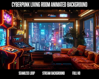 Animated Background Cyberpunk Living Room with Arcade Games | Futuristic Neon Cityscape | Perfect loop for OBS, Twitch, Zoom & other Streams