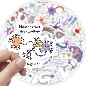 May include: A selection of stickers with neuron illustrations. One sticker shows three connected neurons, with the text "Neurons that fire together." The neurons are in orange, yellow, and purple. Other stickers have various designs and text.