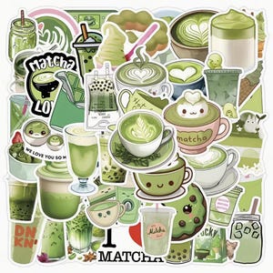 May include: A selection of green matcha-themed stickers. The stickers depict various matcha beverages, including lattes, iced drinks, and bubble tea. Some stickers have text such as "Matcha", "I Matcha", and "We love you so matcha".