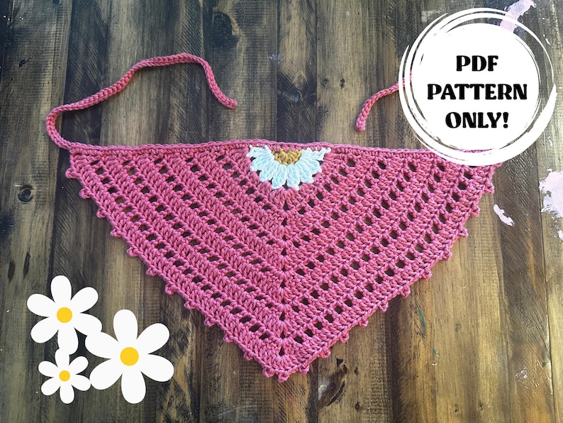 Pink Daisy Appliqué Bandana crochet pattern listing photo by TheHowlingBanshee