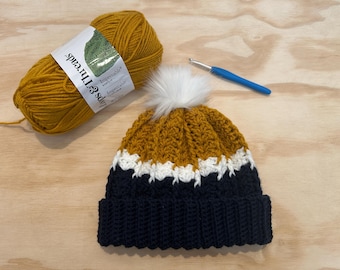 University of Notre Dame Game Day-beanie | Gehaakte muts | Gehaakte kleding | Handgemaakt | Vecht tegen Iers | Blauw | Goud | GVB | Teamkleuren