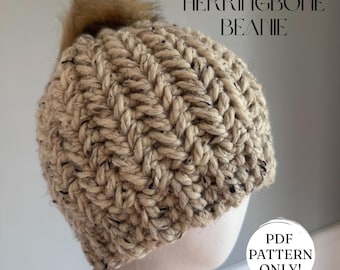 GEHAAKT PATROON | Chunky beanie met visgraatmotief | Koksmuts | Hoed | Rodelbaan | Accessoires | Winter | Vezelkunst | Pdf-patroon
