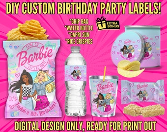 Lot de sacs à croustilles pour la fête d'anniversaire de Barbie : étiquettes personnalisables pour les collations | Sac à puces Barbie modifiable et imprimable | Téléchargement instantané du fichier numérique