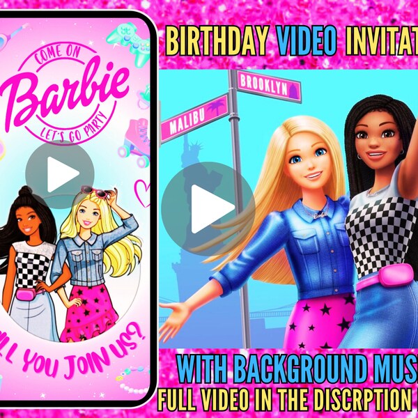 Custom Photo Barbie Video Invitation: Personalized Brooklyn & Malibu Barbie-Themed Party Invites-Perfect for Kids' Birthday Celebrations