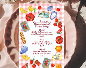 Tomato Girl Summer Menu Digital Download // Hand Drawn Tomato Girl Watercolor Menu // Watercolor Whimsy Picnic, Garden Party, Dinner Party