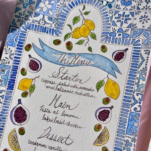 Szablon menu malowanego ręcznie akwarelą // Niestandardowe menu na wesela, brunche i imprezy // Niestandardowe menu koktajlowe, menu deserowe, lista win