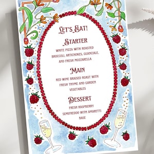 Handgezeichnetes italienisches Hochzeitsmenü // Brautparty-Menükarte Sofortiger digitaler Download // bearbeitbare Canva-Vorlage für Hochzeit, Geburtstag, Events