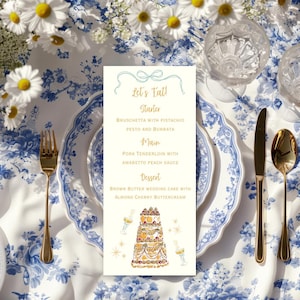 Skurriles Hochzeitsmenü Hand gezeichnete Hochzeitstorte // Sofort bearbeitbare Menüvorlage für den digitalen Download // Hochzeitsmenü im Chateaucore-Stil