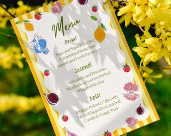 Italian Summer Coastal Menu Template // Ocean Coastal Theme Decor // Editable Digital Download Menu Template // Hand-Painted Watercolor Menu