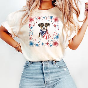 Patriotic Dog 4th of July T-Shirt | USA Pup Shirt with Fireworks | Cute Independence Day Tee for Dog Lovers | Red White Blue Shirt