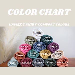 May include: A color chart of unisex t-shirt colors. The colors are arranged in a pyramid shape with the lightest color at the top and the darkest color at the bottom. The colors are: White, Khaki, Crunch Berry, Yam, Bay, Crimson, Gray, Moss, Terracotta, Blue Spruce, Blue Jean, Berry, Light Green, Mustard, Ivory.