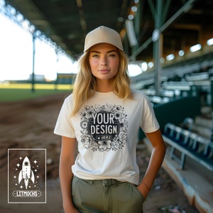 White Bella + Canvas 3001 Model Mockup, Baseball Game Stadium Mock Up, Instant Digital Download, Trendy Mockups for Commercial Use