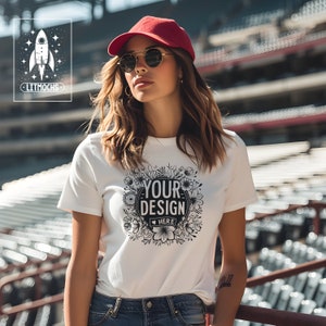 White Bella + Canvas 3001 Model Mockup, Sports Baseball Stadium, Instant Digital Download, Mockups for Commercial Use