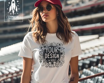 White Bella + Canvas 3001 Model Mockup, Sports Baseball Stadium, Instant Digital Download, Mockups for Commercial Use