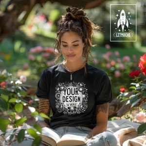Black Bella + Canvas 3001 Model Mockup, Rose Garden Mock Up, Instant Digital Download, Trendy Mockups for Commercial Use