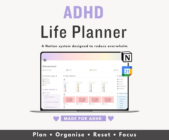 ADHD Notion Planner | ADHD Life Planner Template | All-in-One Notion Dashboard | ADHD Notion Template | Productivity, Habits, Goals, Finance