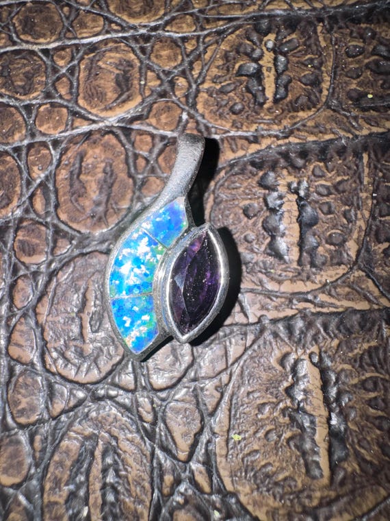 Sterling Silver Pendant with lab created opal inlay with amethyst
