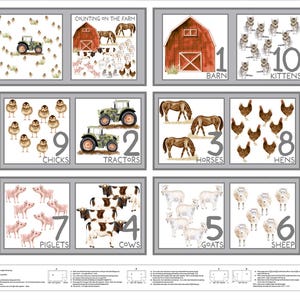 May include: A fabric panel featuring farm animals and objects. The panel includes illustrations of a tractor, barn, horses, hens, piglets, cows, goats, and sheep. Numbers 1-10 are displayed with corresponding animal counts. The text "COUNTING ON THE FARM" is also present.