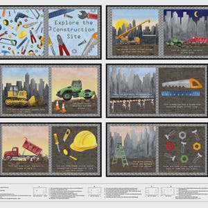 May include: A colorful construction-themed artwork with various tools and vehicles. The artwork includes a crane, bulldozer, and dump truck. Text reads "Explore the Construction Site." The saw blade measures eight inches long.