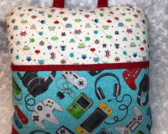 Reading Book Pillow, 16"x16", with pocket and handle. Travel Pillow, Gaming, Controllers, Video Games.  Pillow form included. Great Gift.