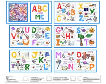 May include: Educational ABC poster with colorful illustrations. Each letter of the alphabet is paired with a word and image, such as "A" for apple and "B" for ball. The poster is designed to help children learn the alphabet.