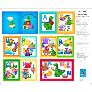 May include: A colorful fabric panel featuring the text "DEXTER THE DINOSAUR LEARNS ALL ABOUT LETTERS!" with illustrations of the alphabet. Each letter is paired with a corresponding image, such as a dinosaur with the letter A and a zebra with the letter Z.
