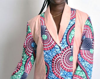 color block african print jacket - peach color jacket with ankara strips