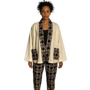 White Kimono with Ankara Trim, African Print Jacket Trousers Set