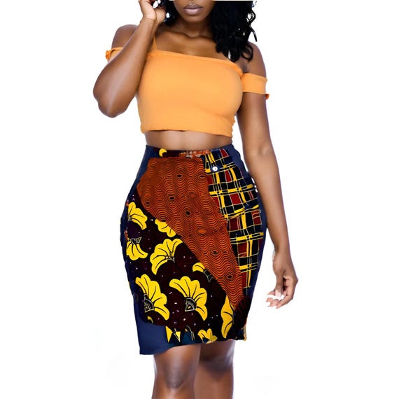 African Print Pencil Skirt - Faux Patchwork Ankara Midi Skirt for