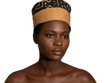 African Mudcloth Hat – Mustard and Black Bogolan Fabric Kufi