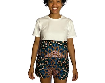 Ankara Patch White T-Shirt and Shorts Set – African Print Two Piece Summer Outfit