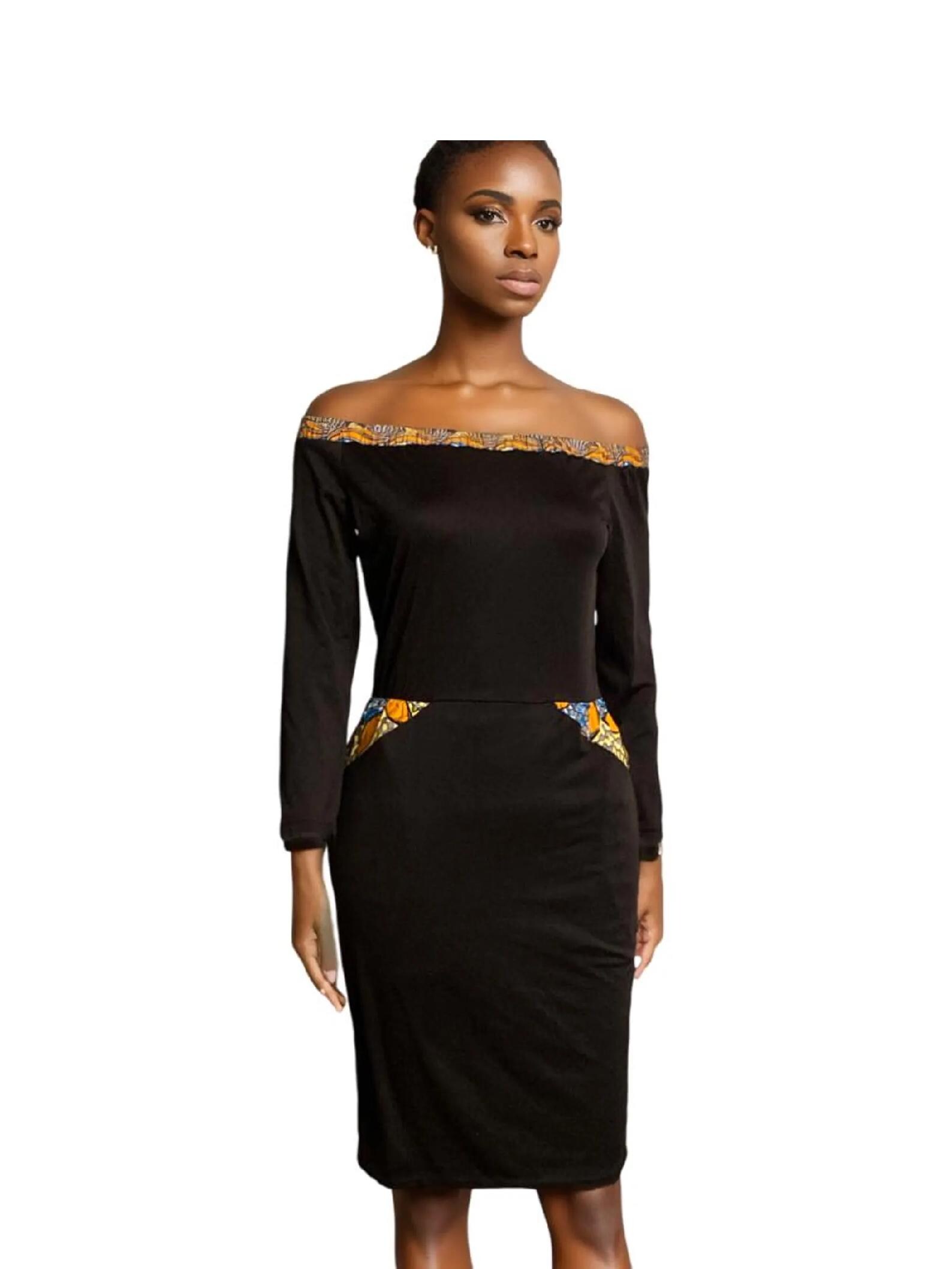 ankara black dresses Black Ankara Dress - Off-Shoulder African Dress for Women with Patches - Long Sleeve African Print Maxi