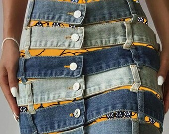 Denim Skirt With African Print Underskirt Upcycled Jeans Skirt