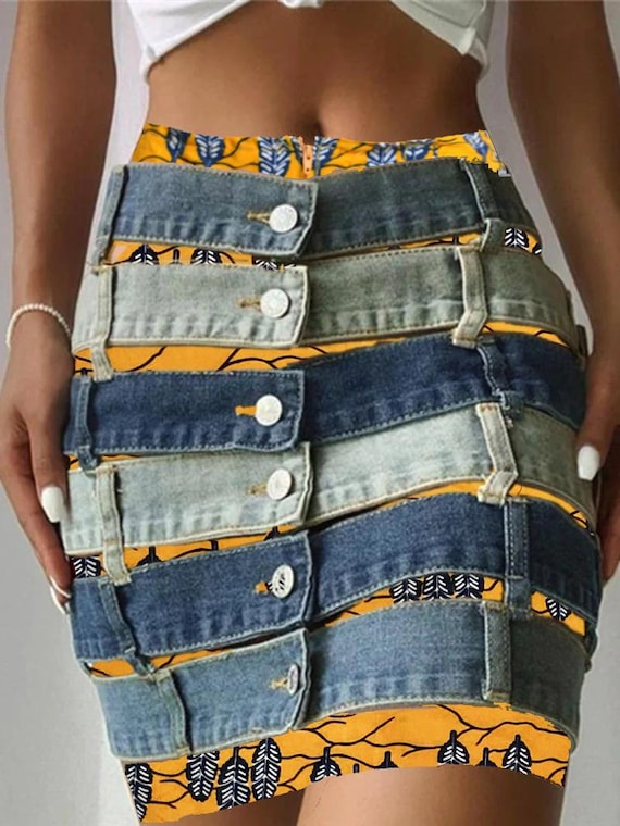 アメリ DENIM PATCHWORK PRINT SKIRT The Patchwork Maxi Denim Skirt