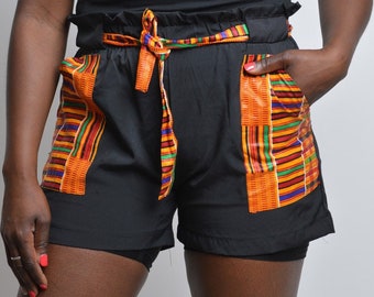 black shorts with african print kente patches