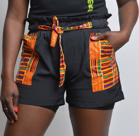 black shorts with african print kente patches - image 1