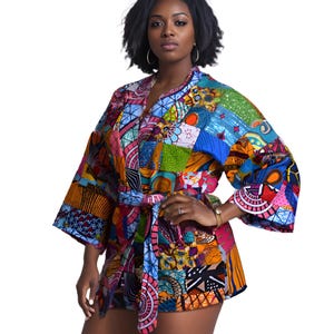 Patchwork Ankara Kimono for Women - African Print Jacket with Belt - Summer Cardigan - Wide Batwing Sleeve Duster - West African Boho Wrap