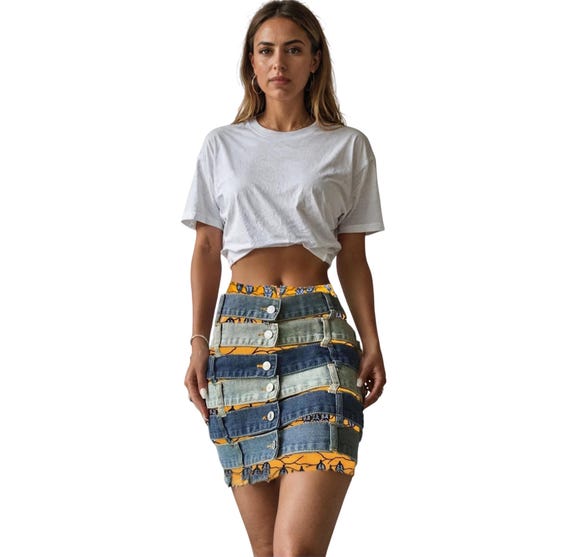 Upcycled Denim African Print Mini Skirt – Patchwork Afrocentric