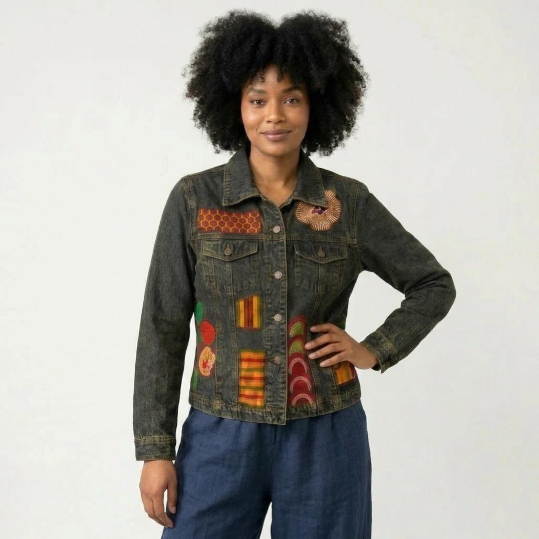 African Denim Jacket - Upcycled Jeans With Ankara African Print