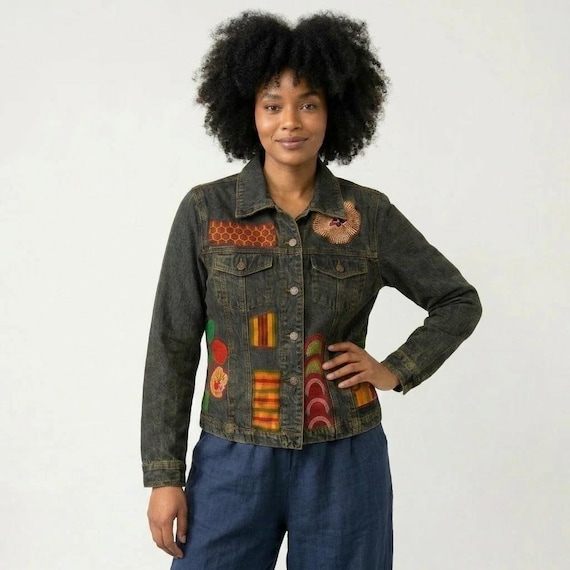 African Denim Jacket - Upcycled Jeans With Ankara African Print