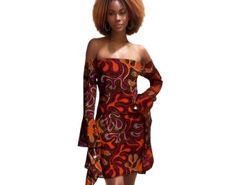 Ankara Off-Shoulder Dress: African Print Bell Sleeve Dress