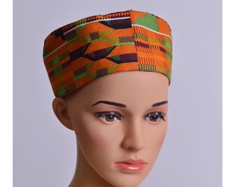 african kente kufi hat green orange by africanclothingetc