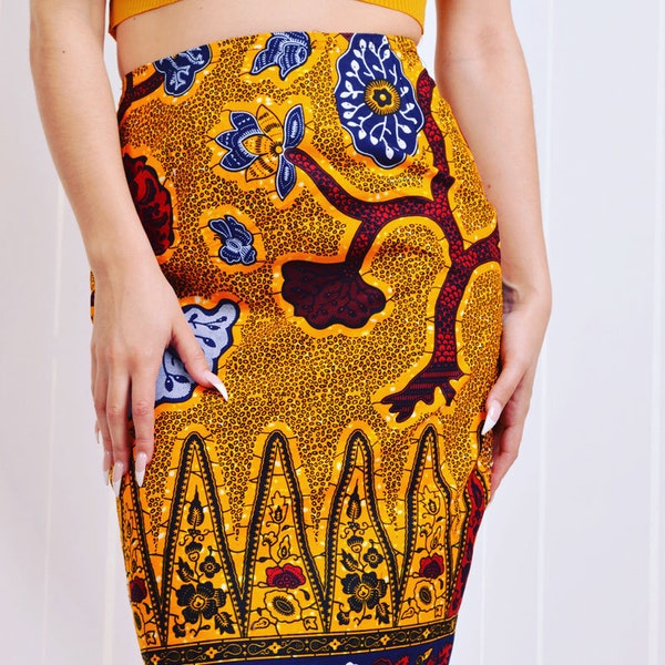 african print midi skirt - gold and black pencil skirt