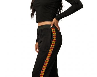 black pants with african print kente strip on the sides - jersey knit trousers with ethnic accents by africanclothingetc
