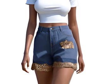 Handmade Reworked up Cycled Lace Trim Jean Shorts Denim Boho