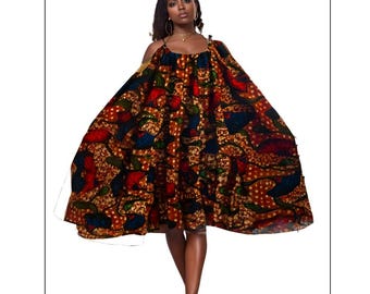 African Print Midi Dress with Straps - Ankara Flare Dress for Women - Handmade African Clothing - Summer Boho Fit and Flare - Gift for Her
